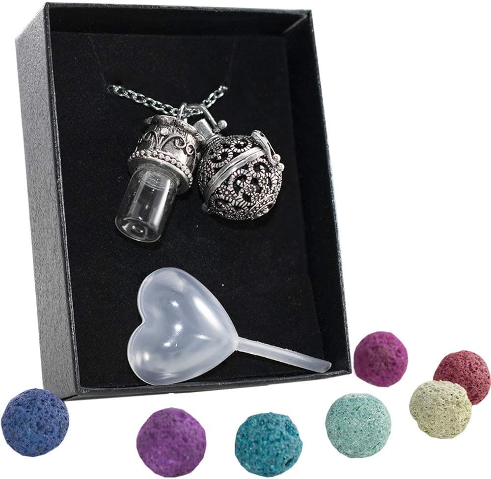 Aromatherapy Necklace Essential Oil Diffuser Locket Pendant w/ Bottle Lava Rock gift kit