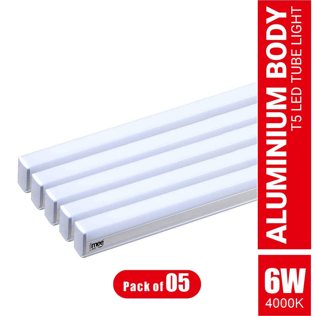 imee Extra Bright T5 LED Tube Light with Fitting Clamps & Screws, Heavy Duty Aluminium Body (Warm White Light, 6 Watts, Length: 1 Feet) - Pack of 5