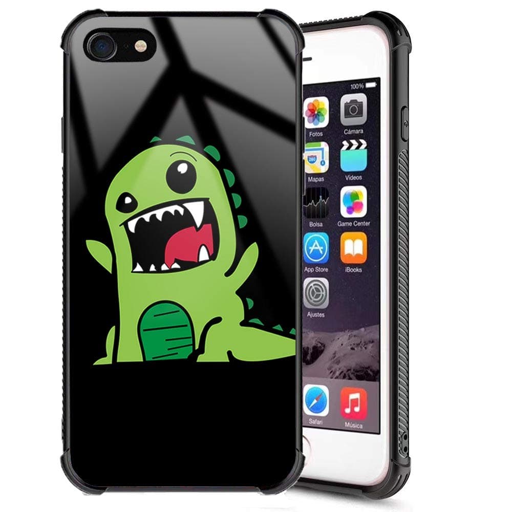 iPhone 8 Case, iPhone 7 Case Cute Dinosaur Funny Cartoon Animals Designer Slim Fit Tempered Glass Black Cover and Soft Silicone TPU Shock Absorption Anti-Slip Bumper Phone Case for iPhone 7 iPhone 8