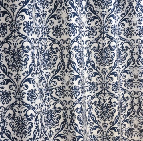 Navy Blue and White Damask Drape, One Rod Pocket Curtain Panel 108 inches long x 50 inches wide