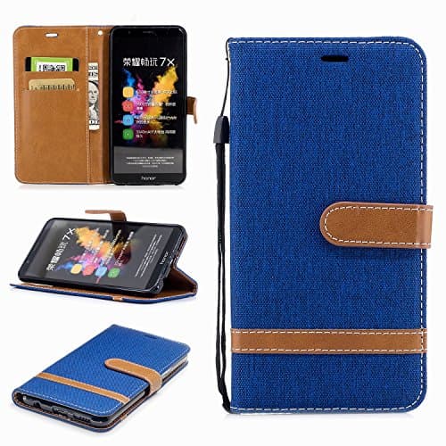 Honor 7X Case, Huawei Honor 7X Case, Jeans Denim PU Leather Magnetic Closure Flip Folio Wallet Cover Case for Huawei Honor 7X with Card Slot, Kickstand, Wrist Strap ( Color : Blue )