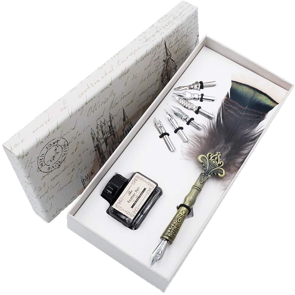 Antique Dip Feather Pen Set Calligraphy Pen Set Writing Quill 6pcs Stainless Steel Nibs in Gift Box HO-Q-302