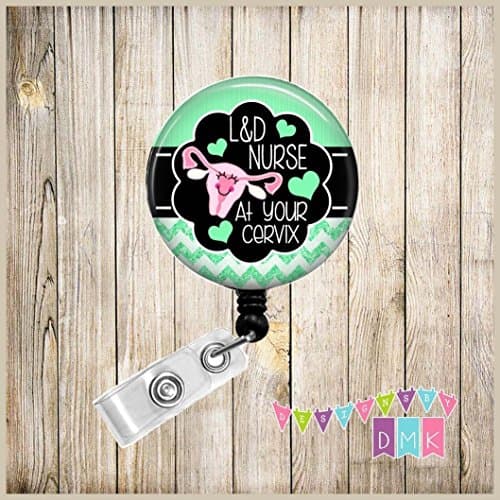 L &amp; D Nurse At Your Cervix - Mint Stripes and Mint Glitter Chevron - Button Badge Reel