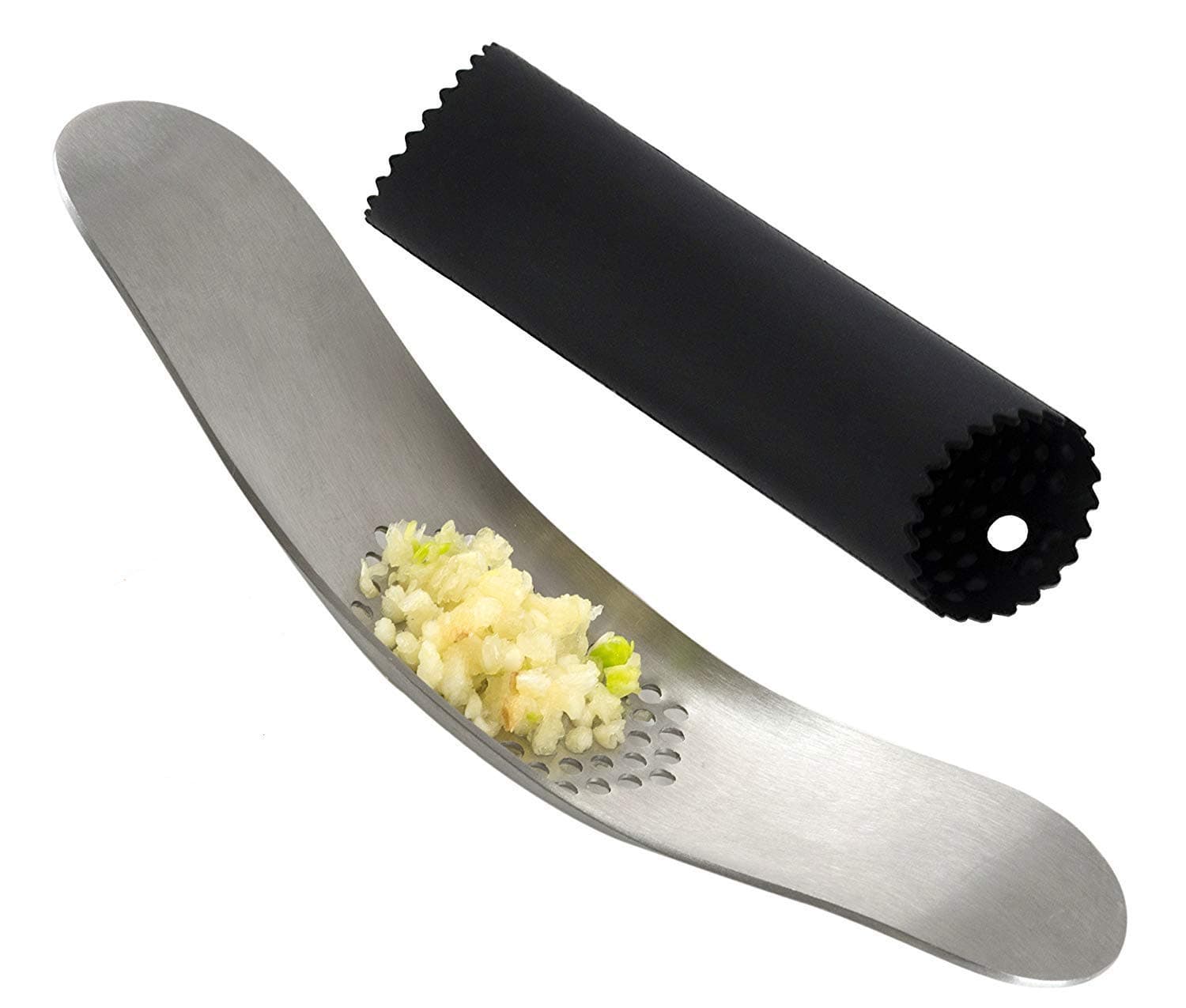 OMECOREGarlic Press Rocker Crusher Solid Stainless Steel Mincer with Silicone Peeler