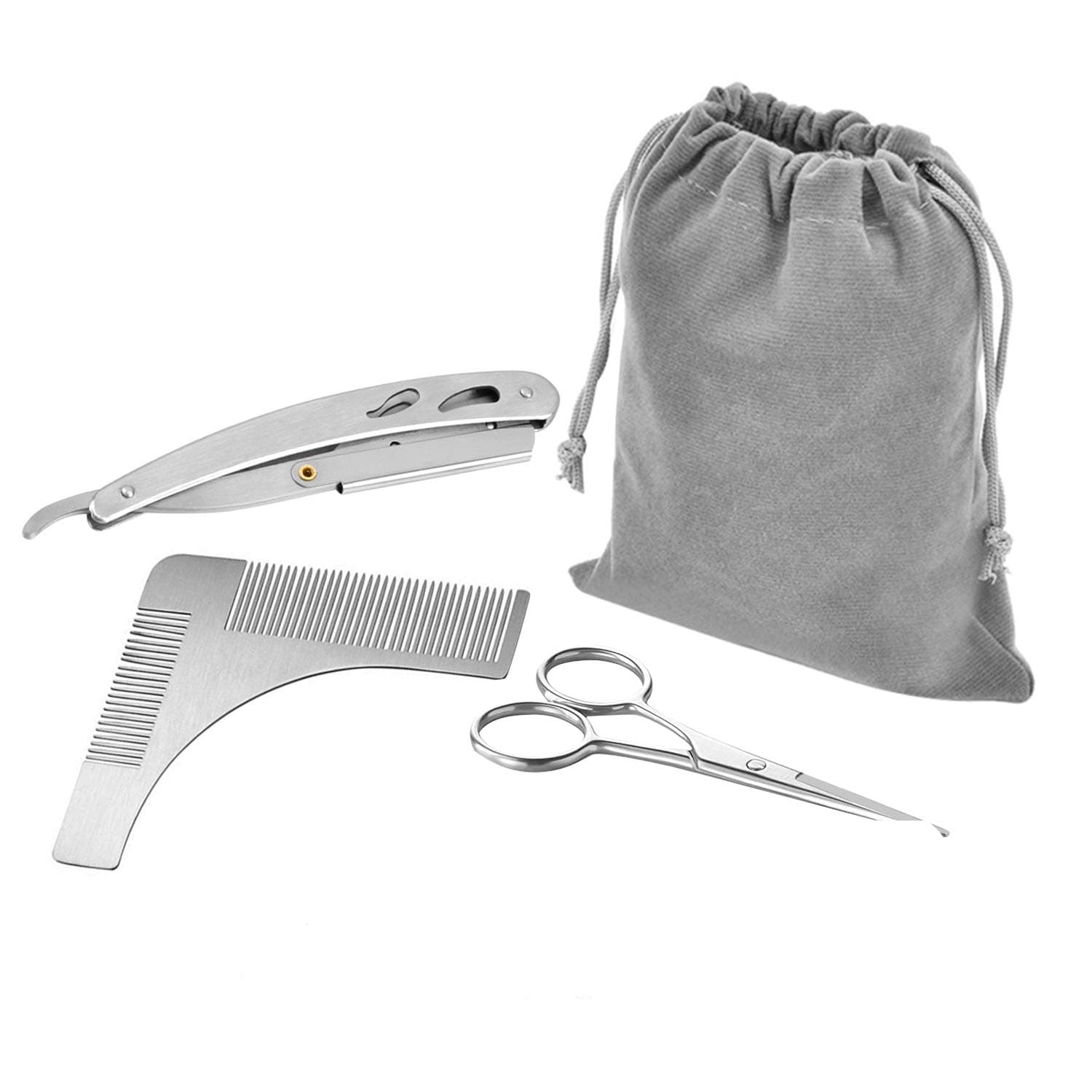 Beard Grooming Kit, Laxus Beard Trimming Set for Men Care, Beard Shaper Template Comb, Professional Straight Edge Razor and Stainless Steel Scissors (Including 10 pcs Blades)