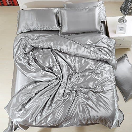 Fanatical Purchase FP 4pcs Silk Sheet Set Queen King Size Satin Solid Color Bedding Set with Deep Pocket Fitted Sheet Silk Pillowcase for Hair and Skin (Grey-Single)