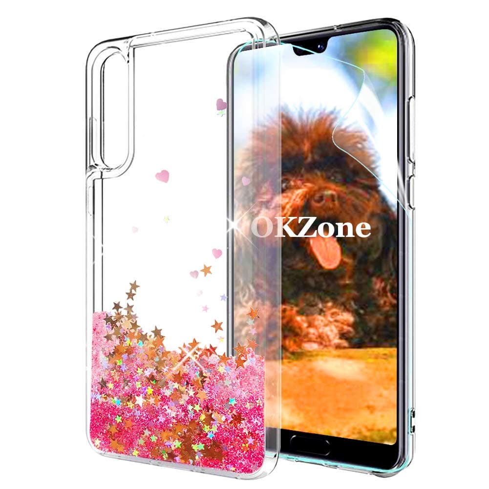 OKZone Case for Huawei P20 Pro Case Glitter [with HD Screen Protector], Flowing Liquid Sparkly Bling Quicksand 3D Shiny Sparkle Glitter Design TPU Protective Case for Huawei P20 Pro (Pink Stars)