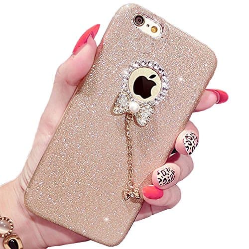 Iphone 7 case,I-Fashion 3D Cute Bling Glitter Rubber Case with Sparkly Crystal Rhinestones bow knot pearls pendant Charms for iphone 7 Gold