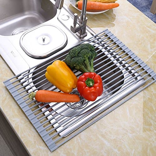 Roll-Up Dish Drying Rack,Multipurpose Dish Drainer for Fruits and Vegetables Rinser,Sink Drying Mat with Durable Silicone Covered Stainless Steel(Warm Gray)