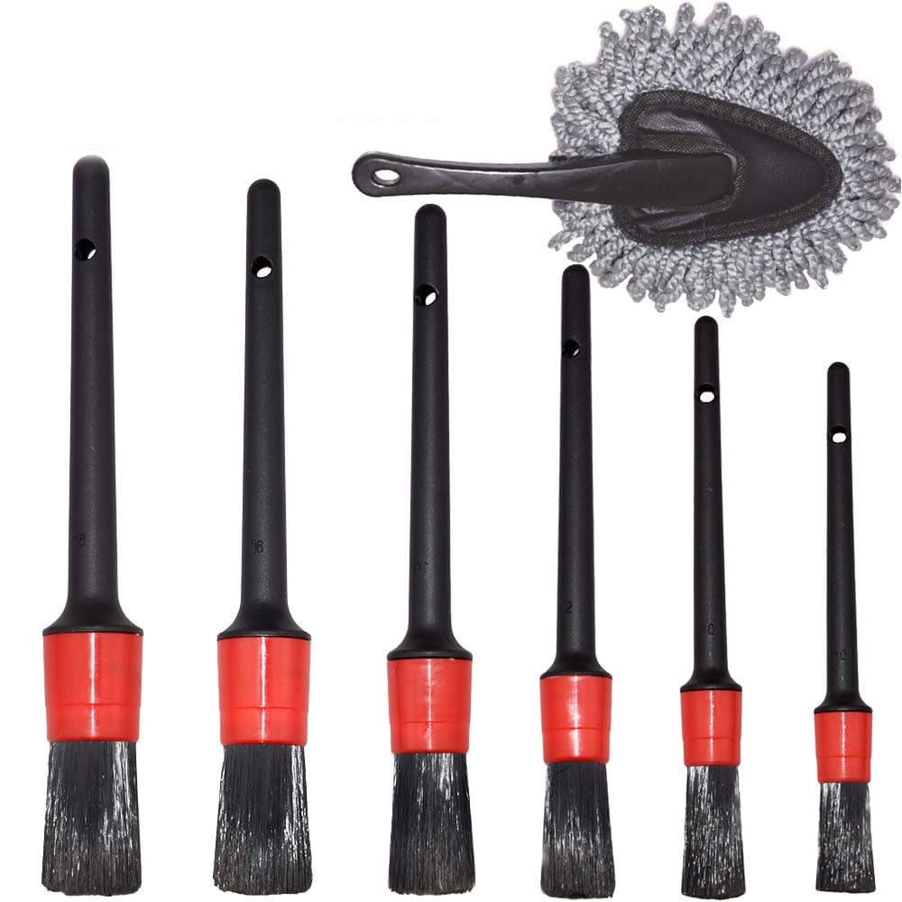 Detailing Brush Set- Car Duster Cleaning Dirt- 6 Different Sizes Premium Natural Boar Hair Mixed Fiber Automotive Detail Brushes for Cleaning Wheels, Engine, Interior, Emblems, Air Vents, Exterior