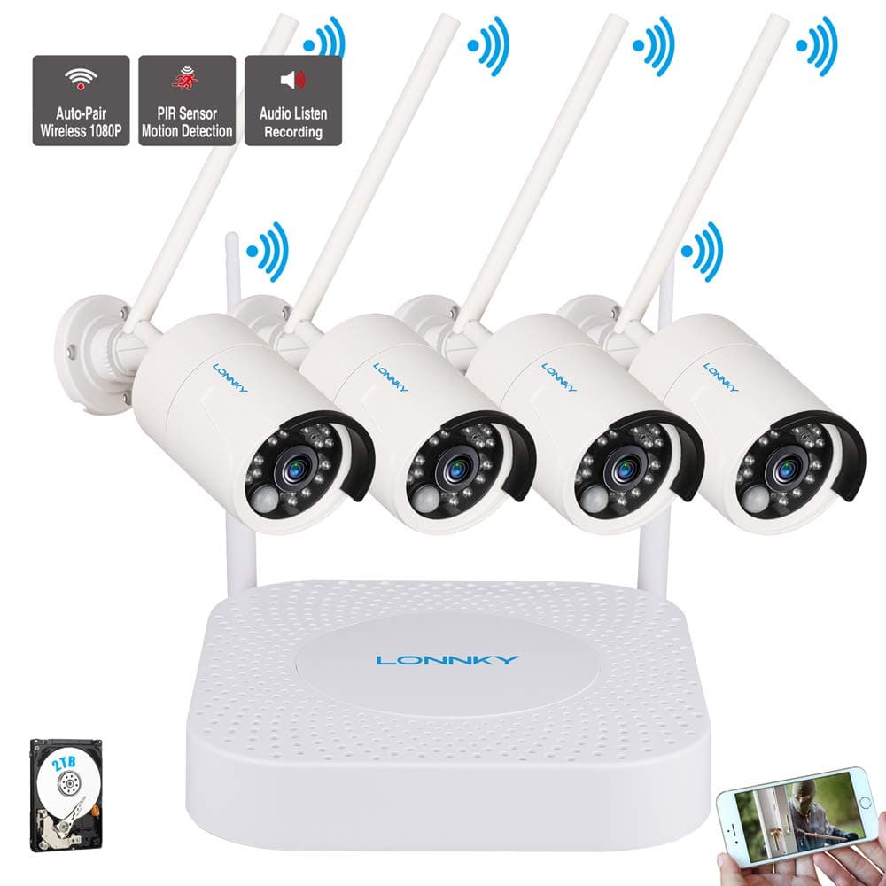 LONNKY 1080P Full HD Wireless Security Camera System,4CH NVR Recorder and 4PCS 1080P 2.0 MP Waterproof Outdoor Indoor Bullet Camera with PIR Sensor and IR Night Vision, Audio Recording,2TB Hard Drive
