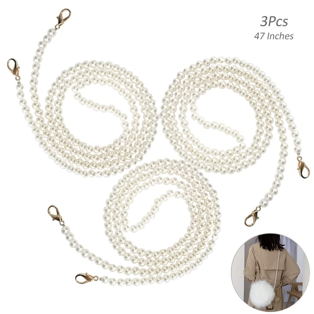 3Pcs DIY Round Imitation Pearl Bead Replacement Chain Strap, Creatiees Handbag Chains Accessories Purse Shoulder Cross Body Straps with Metal Buckles (120cm/47 Inches)