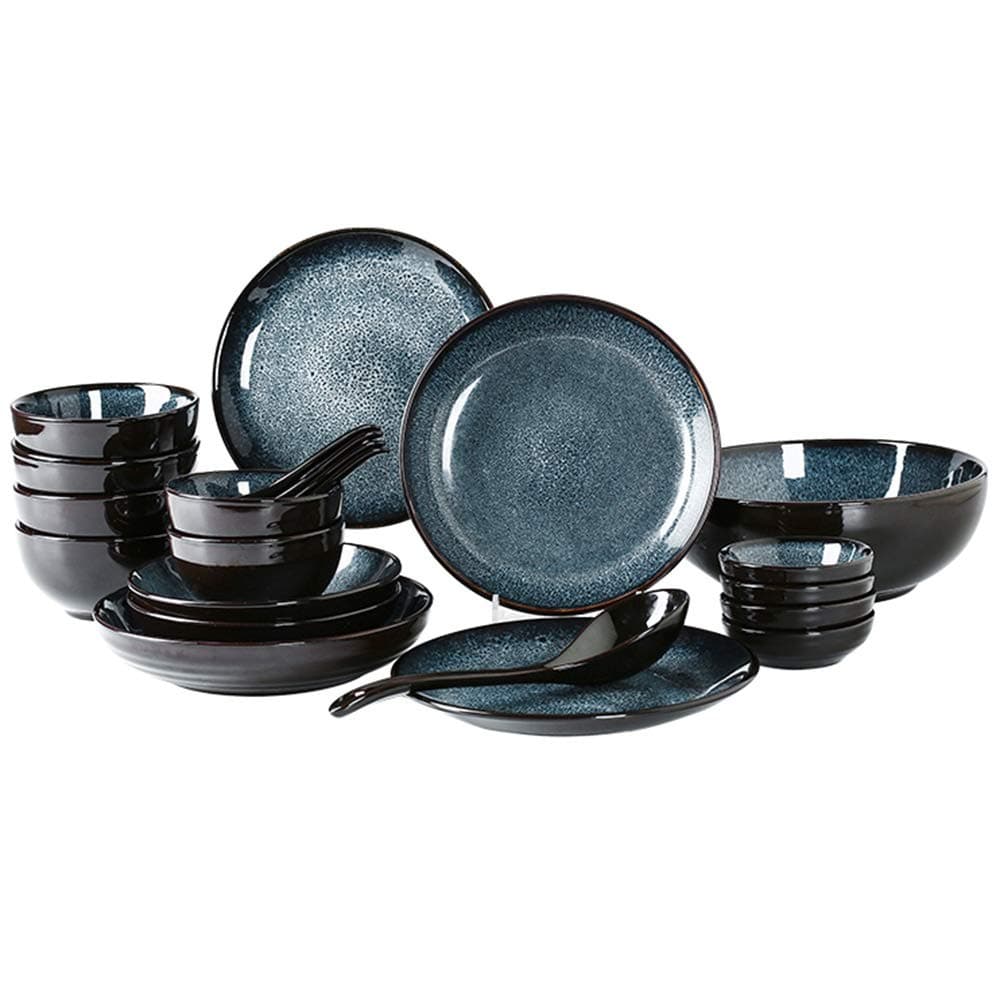 Miyabitors 22-piece Dinnerware Set, Japanese-style Retro Ceramic Bowl And Plate Combination, Creative Household Blue Dish Ramen Bowl, Microwaveable Tableware (Color : 22 pcs)