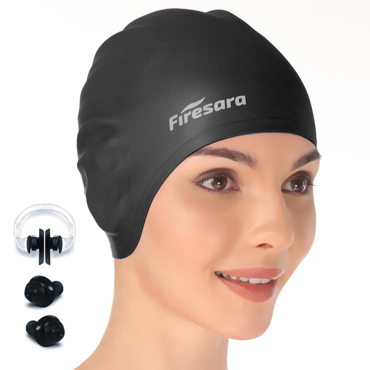 Firesara Swim Cap, Original Updated Swimming Cap 3D Ergonomic Design Comfortable Durable Ear Protection for Women Kids Men Adults Boys Girls for Long or Short Hair with Nose Clip and Ear Plugs