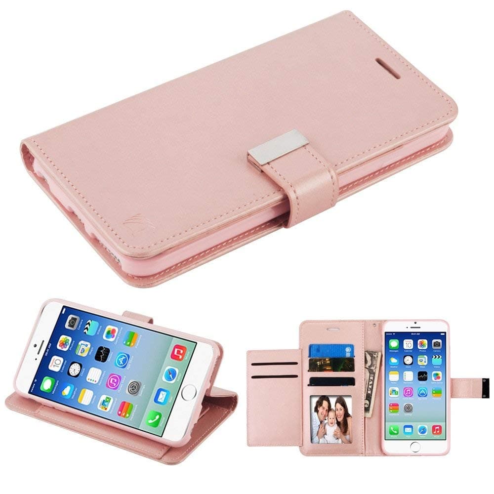 Case+Tempered_Glass+Stylus, Fits Apple iPhone 7 Plus/8 Plus (Also Fits 6 Plus/6S Plus) Mybat 3-Layer Purse/Clutch with Extra Card Slots Faux Leather Wallet - Rose Gold/Pink