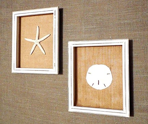 Sand Dollar and Starfish Sahbby Chic Wood Shadow Box Frame 8 x 10, Shell Beach Decor Wall Art, BURLAP Background, Beach Cottage (Starfish Portrait, Natural)