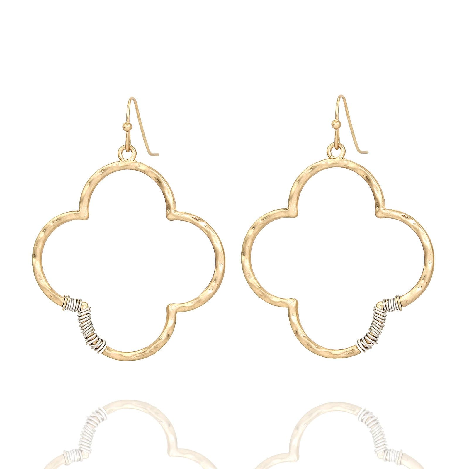 Wire Wrapped Hammered Clover Quatrefoil Dangle Drop Earrings for Women