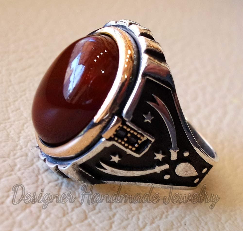 Natural red onyx ring, 925 sterling silver ring, two tone ring, semi-precious stone man rings all sizes arabic antique sword style, men’s ring, mens huge ring, mens cocktail ring