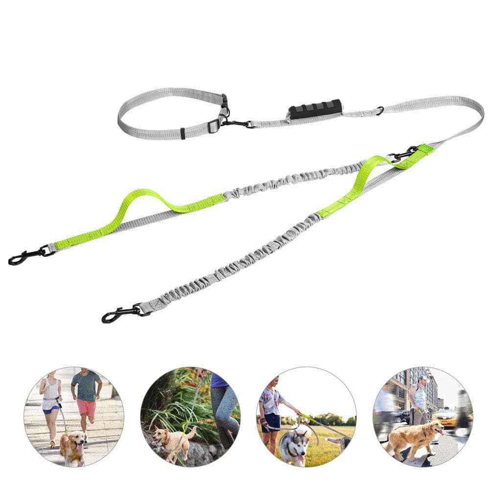 UgBaBa Hands Free Dog Leash for Walking Running Training Jogging,Heavy Duty Double Shock Absorbing Bungee Dog Leash Kit for 2 Dogs,Adjustable Waist Belt,Reflective, 3 Handles for Extra Control