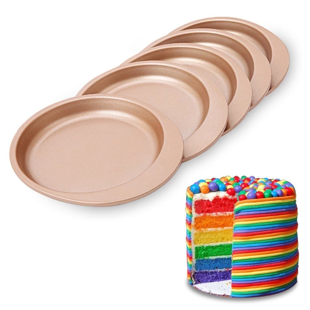 Forvel 6-inch 5 PCS [Non-Stick] Round Shaped Metallic Rainbow Cake Pan Tart Pie Fondant Baking Torte Pastry Mould Set