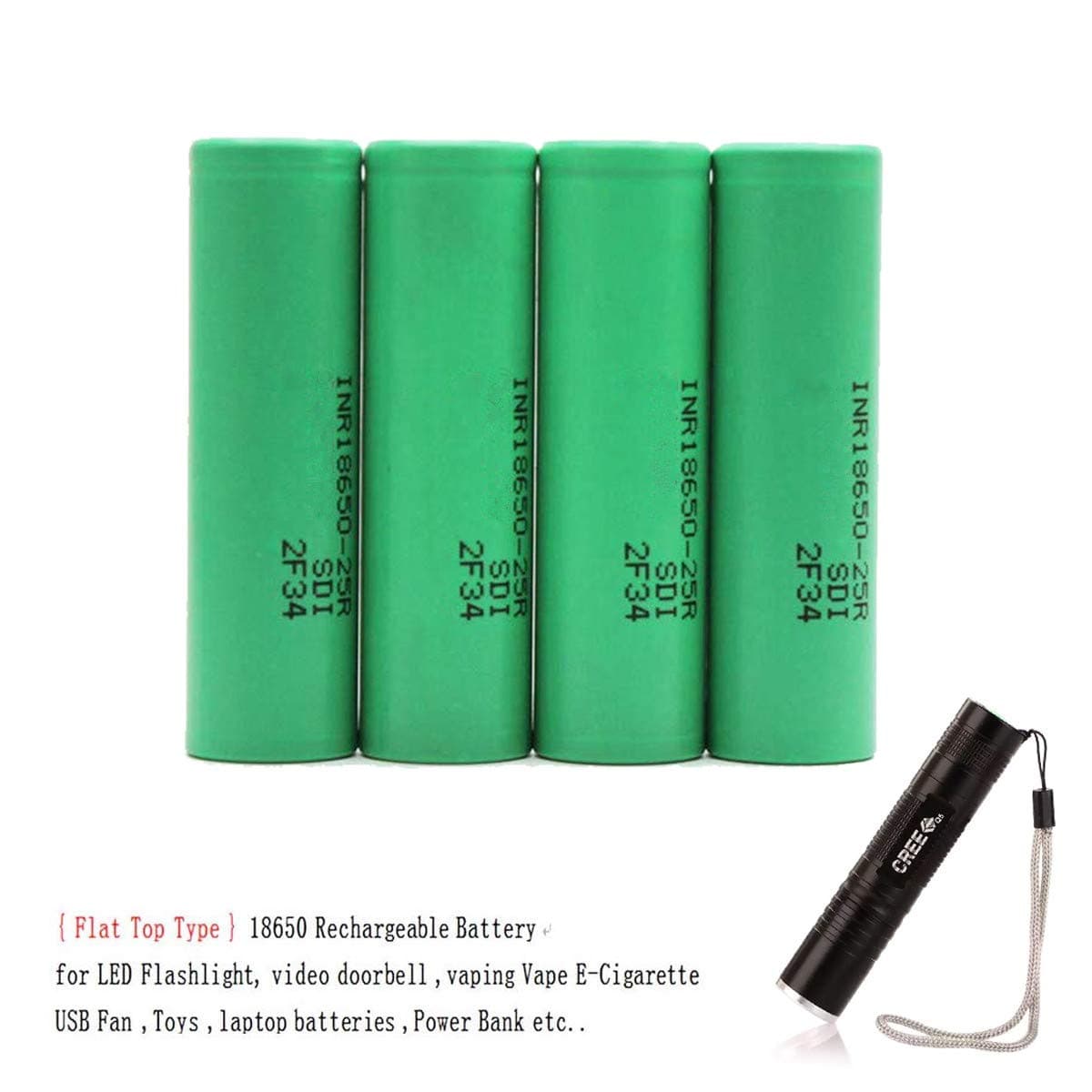 4-Pack 2.600mAh Rechargeable 3.7V Flat top Battery + Zoomable 5 Modes LED Flashlight Torch Kit