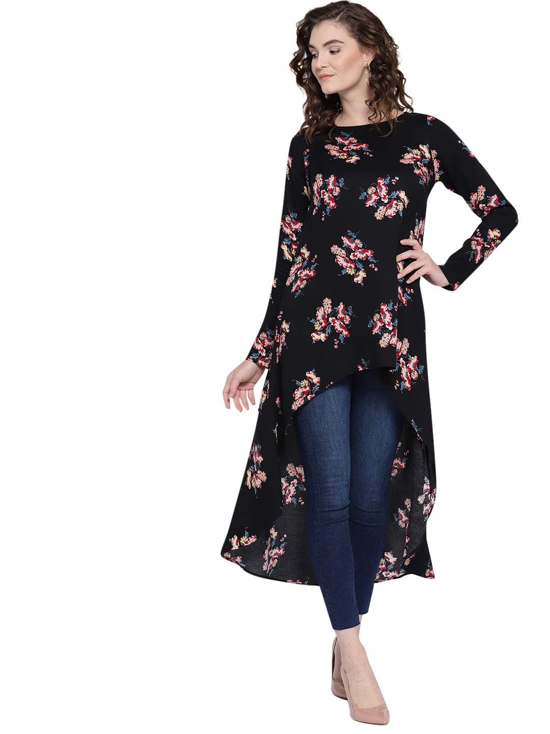 White Floral Print High-Low Top