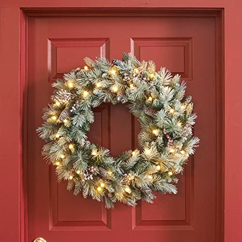 Cordless Pre-Lit LED Snowflocked Cone &amp; Berry Wreath