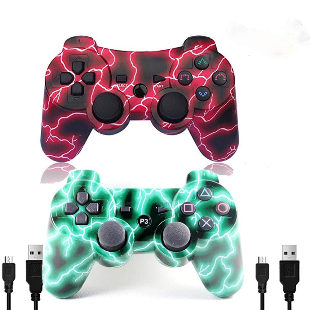 [2 Pack] Wireless Double Vibration Game Controller Bluetooth Gamepad Remote for PS3 Playstation 3 [Gift 2 Charging-Cable] (Red Lighting)