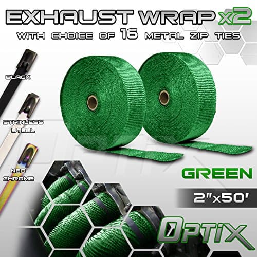 Optix 2" (W) x 50' (L) Thermal Header Exhaust Wrap Kit - Heat Shield Tape with Stainless Steel Zip Ties - 2 Rolls - Green