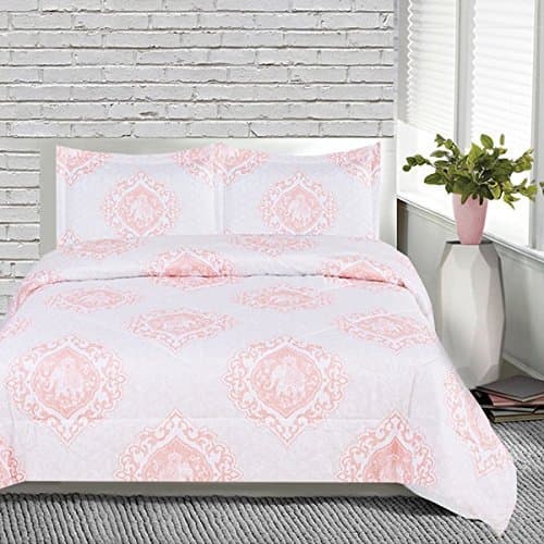 OSD 3pc Girls Pink White Medallion Elephant Comforter Full Set, Stylish Boho Chic Indian Floral Scroll Motif Themed Pattern, Light Baby Pale, Pretty Girly Damask Scrollwork Animal Bedding