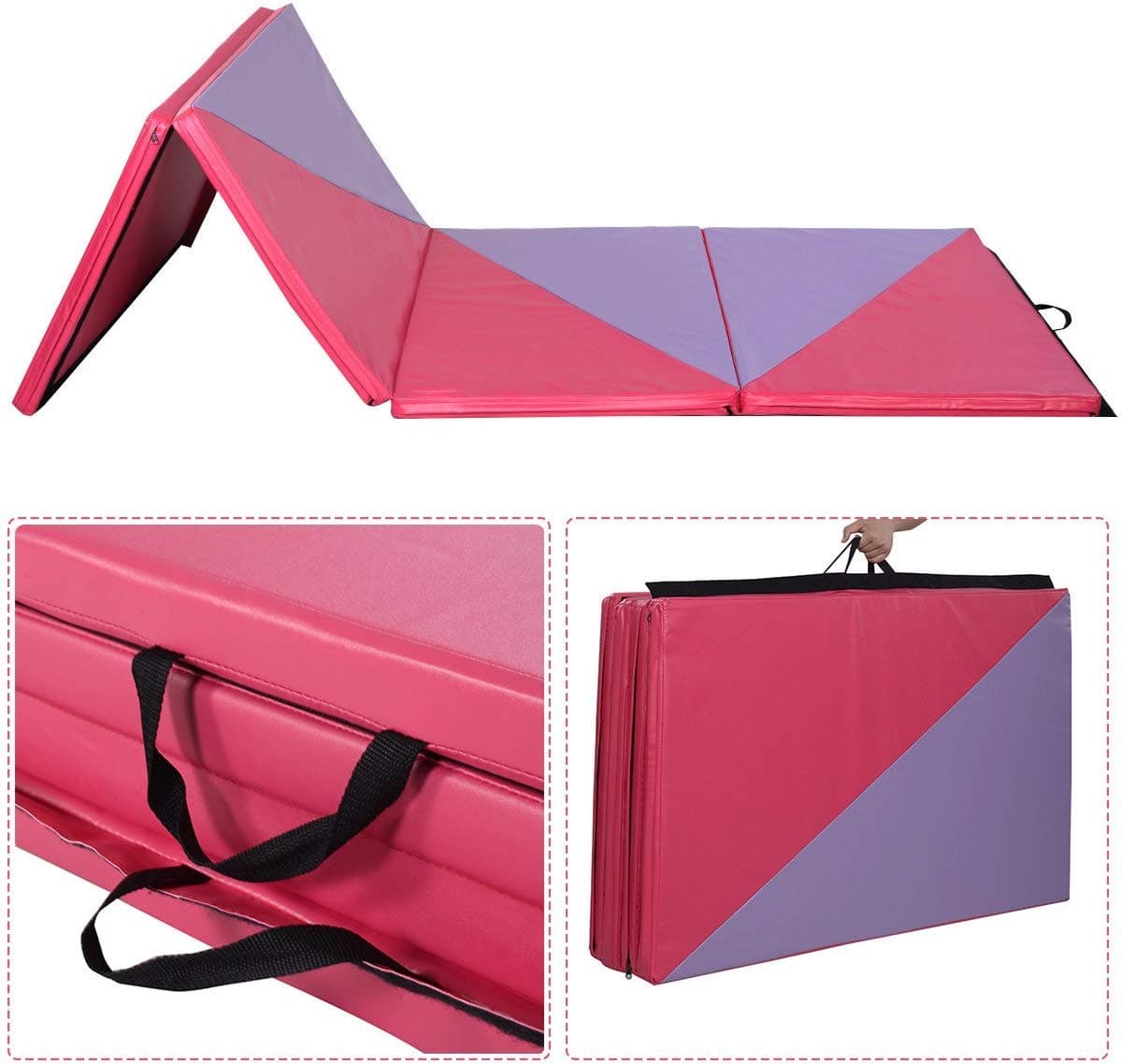 Multigot 4 Folding Gymnastics Mat, 10 FT Yoga Exercise Home Fitness Workout Mat, PU Leather Foam Mat with Handles for Pilates, Push-ups, Stretching