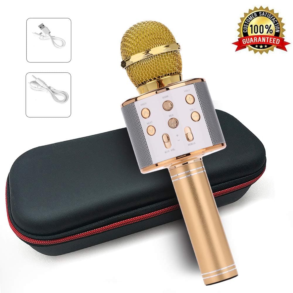 Karaoke Bluetooth Wireless Microphone 3 in 1 Portable Handheld Mic Speaker Machine for Company Meeting Family Kids Party - Compatible iPhone, Android, iPad, PC and all Smartphones (Golden)