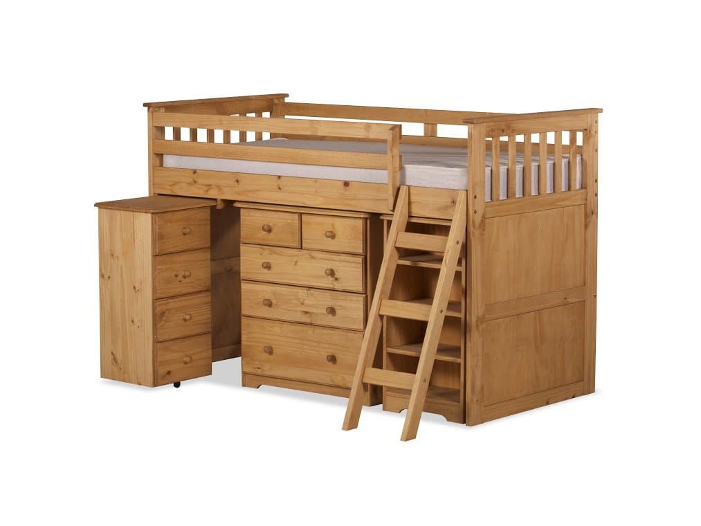 Children's / Kids 3ft Single Captain Cabin Storage Midsleeper Bunk Solid Pine Wooden Bed Bedstead in Finished in Waxed Pine & 3'0 Spring Flexi Medium Mattress