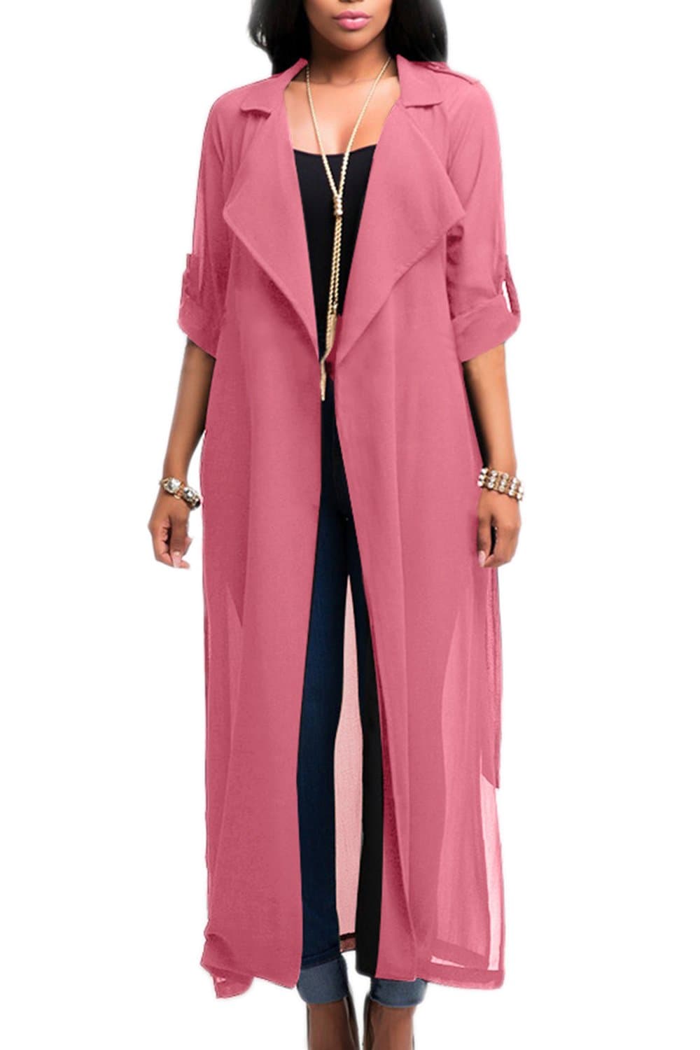 Suvotimo Women Half Sleeve Lapel Open Front Long Chiffon Duster Cardigans