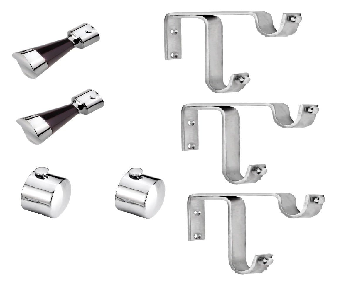 Ddrapes - 2 SS Simple Finial (Cap) + 2 SS+Wood Combination with 3 SS Strong Double Bracket for 2 Curtain Rod