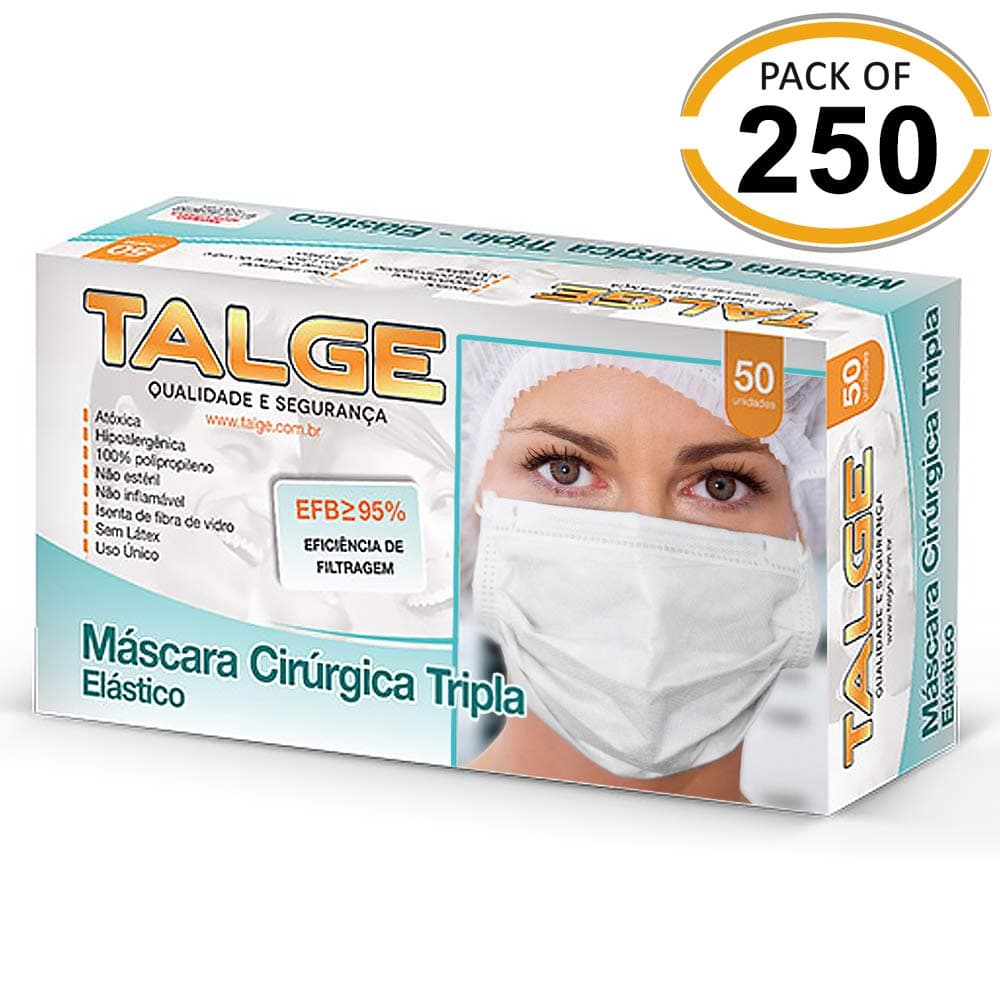 Talge Surgical Disposable Face Masks with Elastic Ear Loop 3 Ply 95% BFE Breathable and Comfortable for Blocking Dust Air Pollution Protection Pack of 250