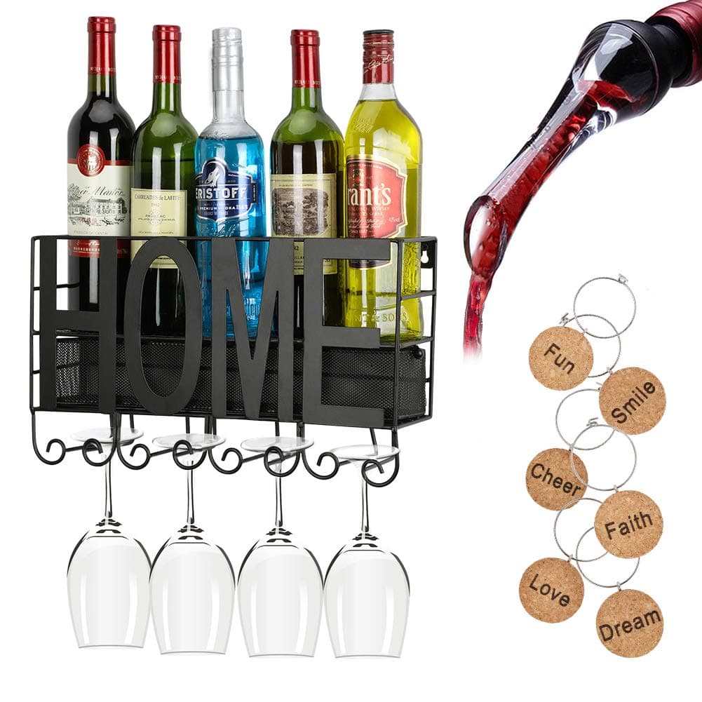 Wall-Mounted Wine Rack with Shelf and Stemware Glass Holder, Metal Wall Mounted Wine Rack and Glass Holder with Cork Storage for Elegant Storage for Kitchen, Dining Room, Bar, Wine Cellar - HOME