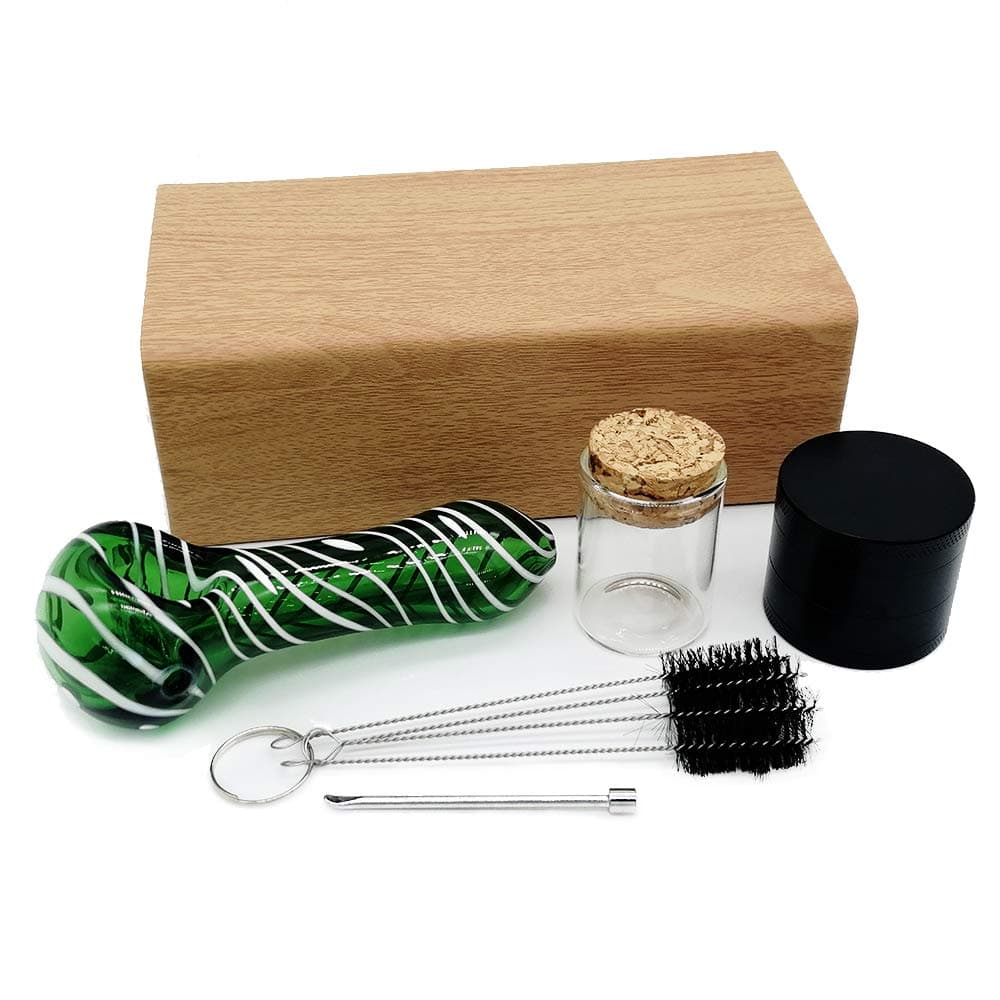 Glass Pipe Portable Kit-with Exquisite Wood Grain Box,Grinder,Glass Storage Bottle and Cleaning Tools (Green)