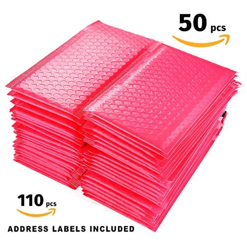 Bubble Mailers - Hot Pink Poly Waterproof Padded Shipping Envelopes (4x8 Inches, 50 pcs) with Additional 110 White Address Labels - Self Seal, Lightweight, 100% Recyclable - by FunnyHelpers