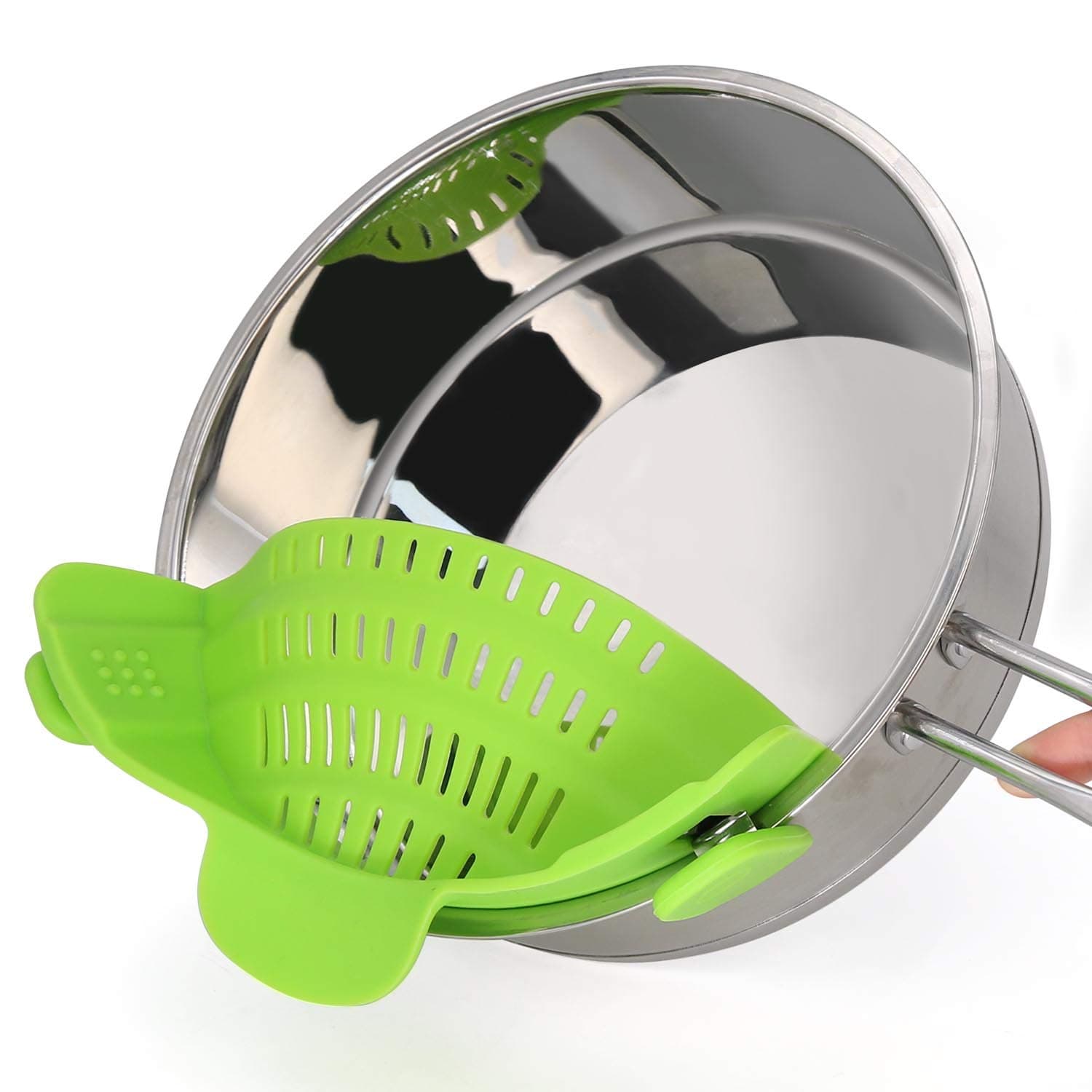 Silicone Clip On Strainer Colander Spout Kitchen Gadget Tool Food Drainer For Spaghetti, Pasta, Ground Beef, Universal Fit On All Pots and Bowls, Flexible and Small For Space Saving - Green