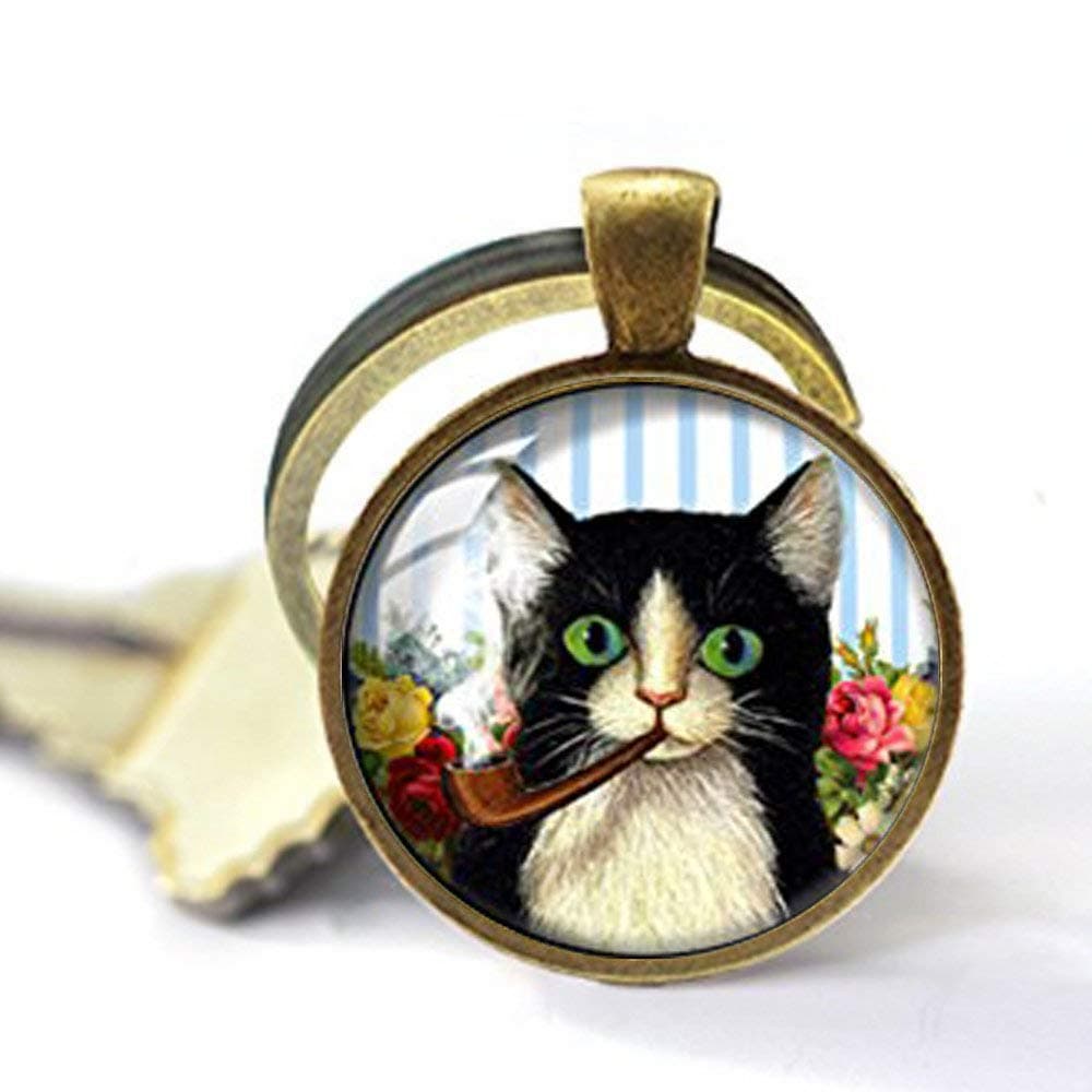 Retro Style Handmade Glass Dome Keychain, Pipe Smoking Cat