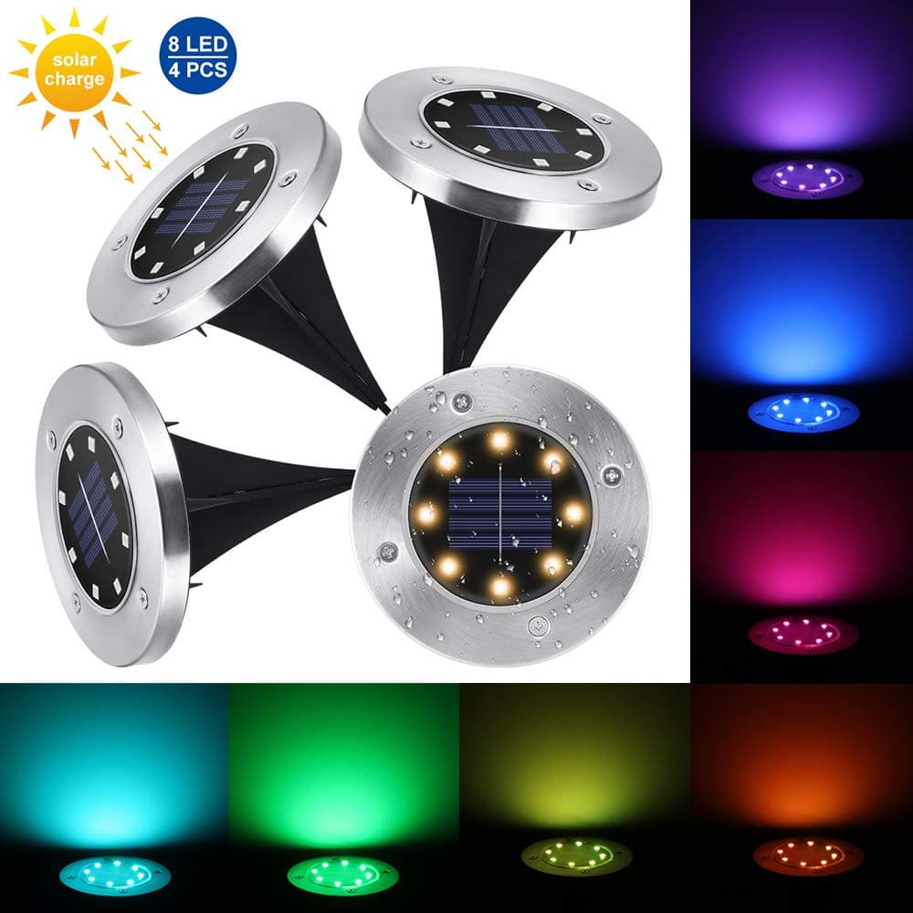 Solar Disk Light, ALLOMN 4 Pack Solar Ground Lights Sensor Lights 8 LED Outdoor Waterproof Solar Garden Lights Patio Lights Landscape Colorful Lights for Yard Lawn Deck Patio Walkway(Colorful)