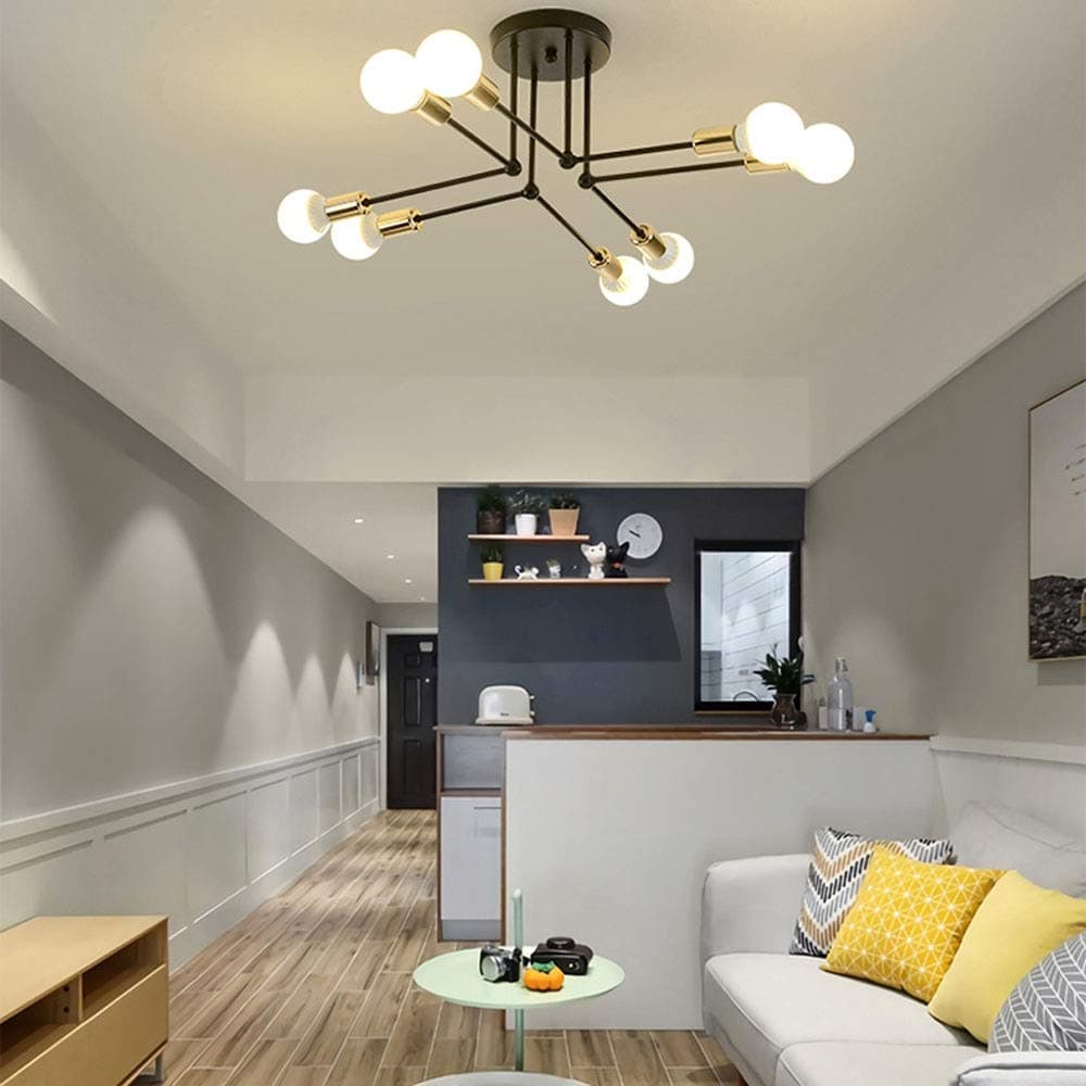 Sunny Lingt 8 Light Sputnik Chandelier Semi Flush Mount Ceiling Light，Modern Brass/Black Pendant Lighting Industrial Vintage Ceiling Lights Fixture, Mid Century Interior Decorative Hanging Lamp