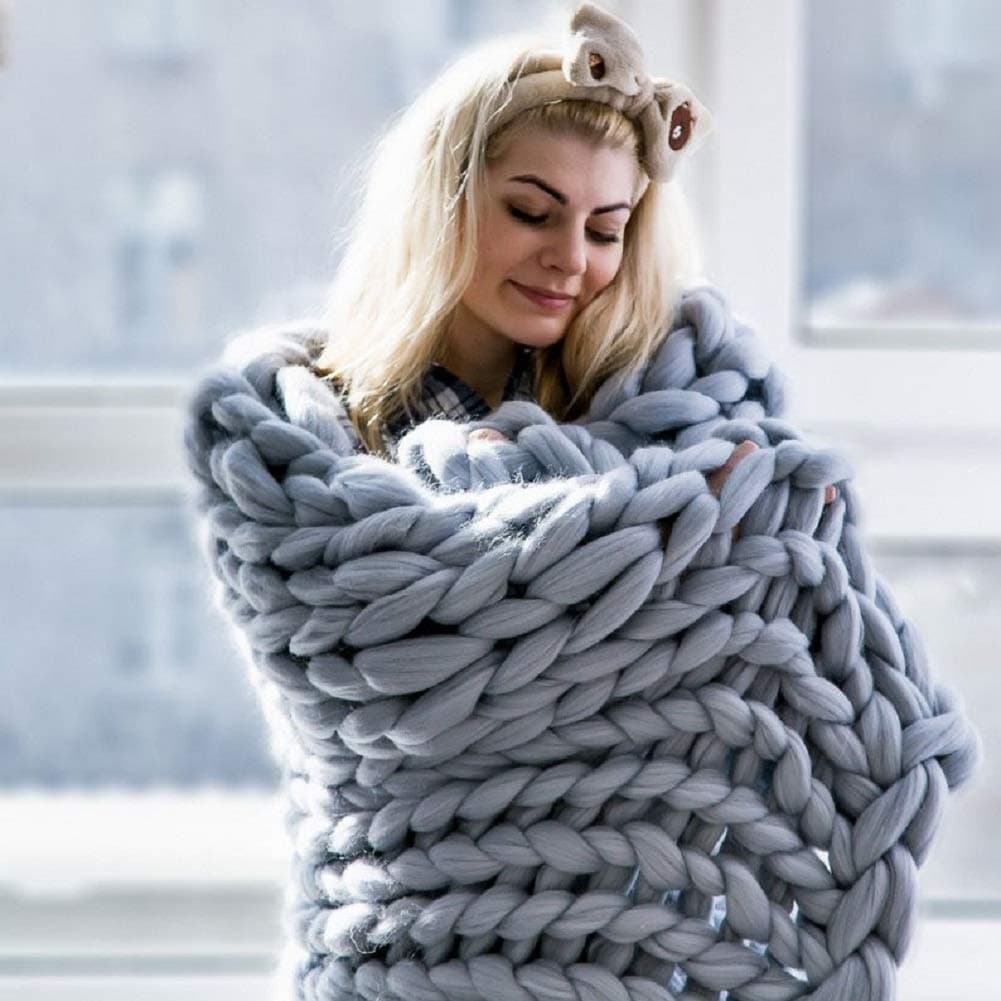DIRUNEN Chunky Knit Blanket Handmade by Soft Knitting Throw Bed Bedroom Decor Bulky Sofa Gray 40"×59"