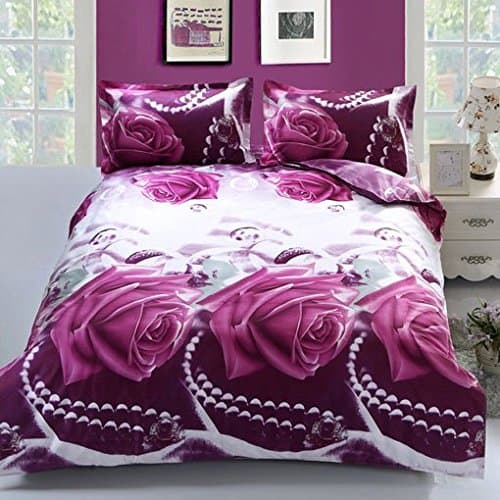 QiaoShang 3D Purple Rose Print Bedding Set Queen Size Polyester Fiber Duvet Cover Set 1 Duvet Cover +1Bed Sheet +2 Pillowcases(without fillings)
