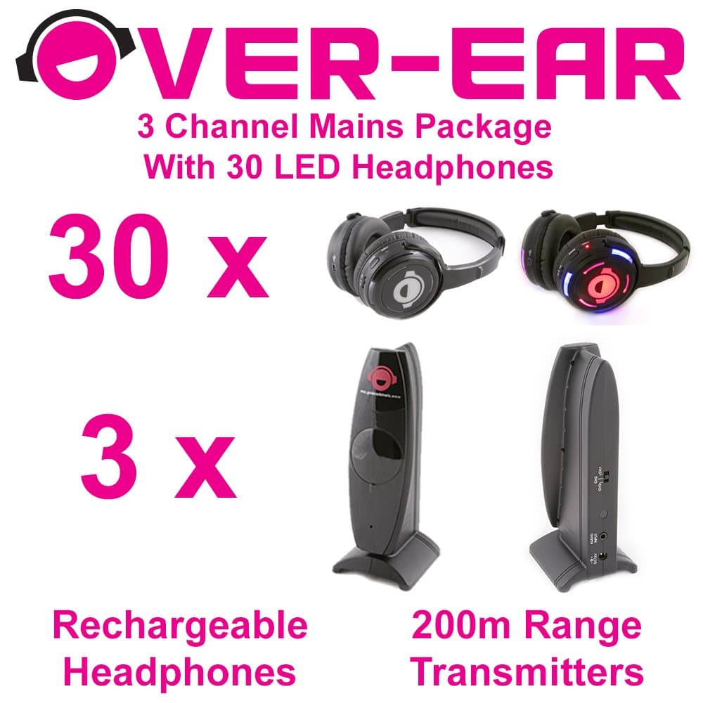 Silent Disco Package - 3 Channels and 30 LED Headphones