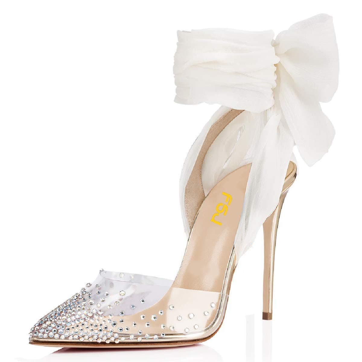 FSJ Women High Heel Ankle Strap Sandals Pointed Toe Rivets Pumps PVC Club Shoes with Studs Size 4-15 US