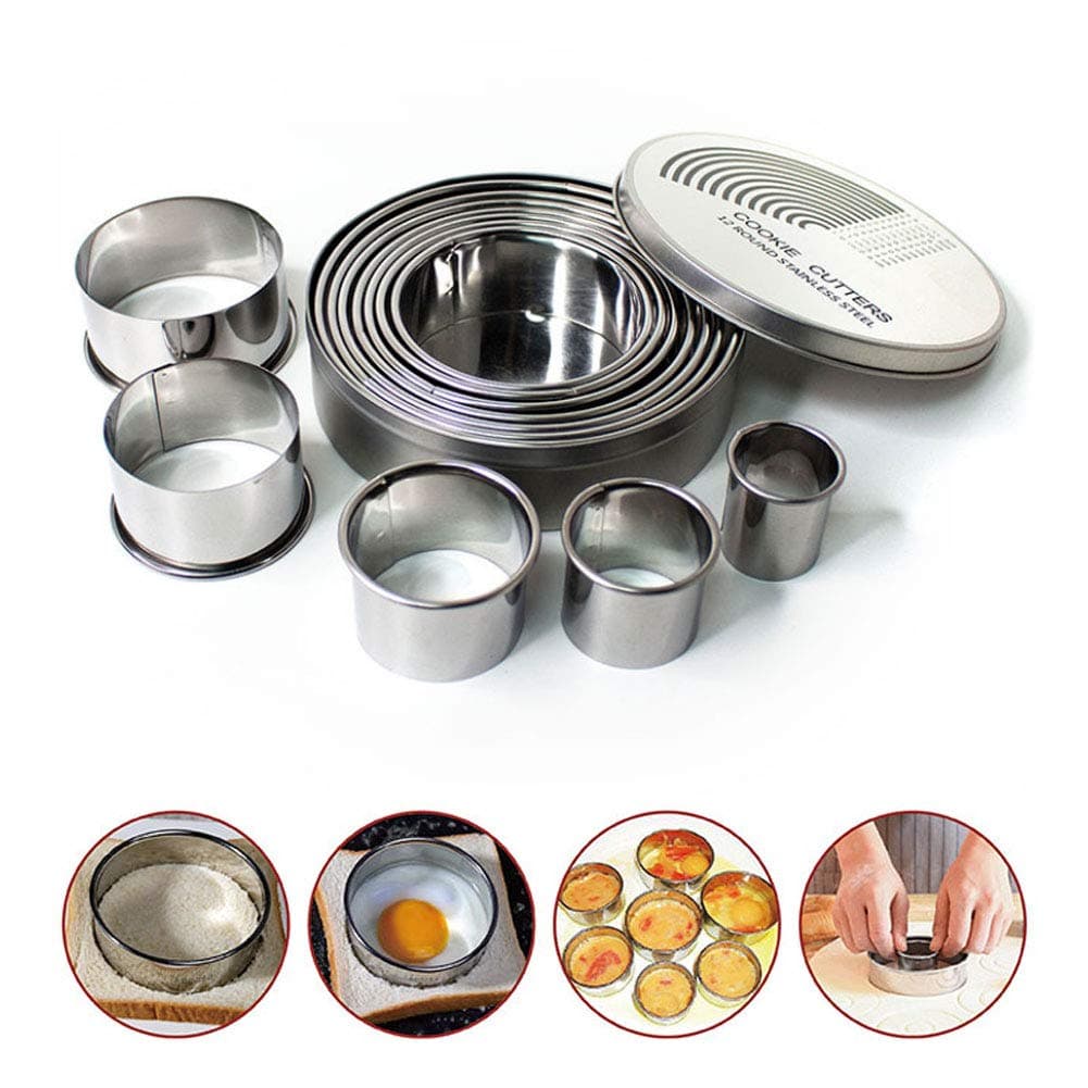 12 Piece Round Cookie Cutter Set, Circle Stainless Steel Dough Cutters Ring Molds Metal Cutter with Graduated Size for Pastry, Donut, Fondant, Sugarcraft,Silver
