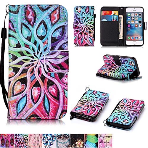 iPhone 5/5S/SE Case,Firefish [Kickstand Feature][Drop Proof] Durable Leather Folio Style Wallet Case with Anti-scratch Protective Cover for Apple iPhone 5/5S/SE-Spread Flower