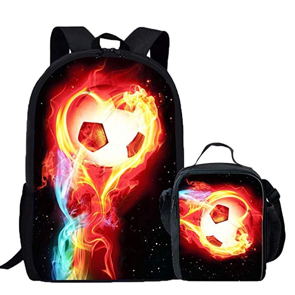 INSTANTARTS Fire Soccer Ball Backpack Elementary School Student Bookbag Mini Lunch Box Set